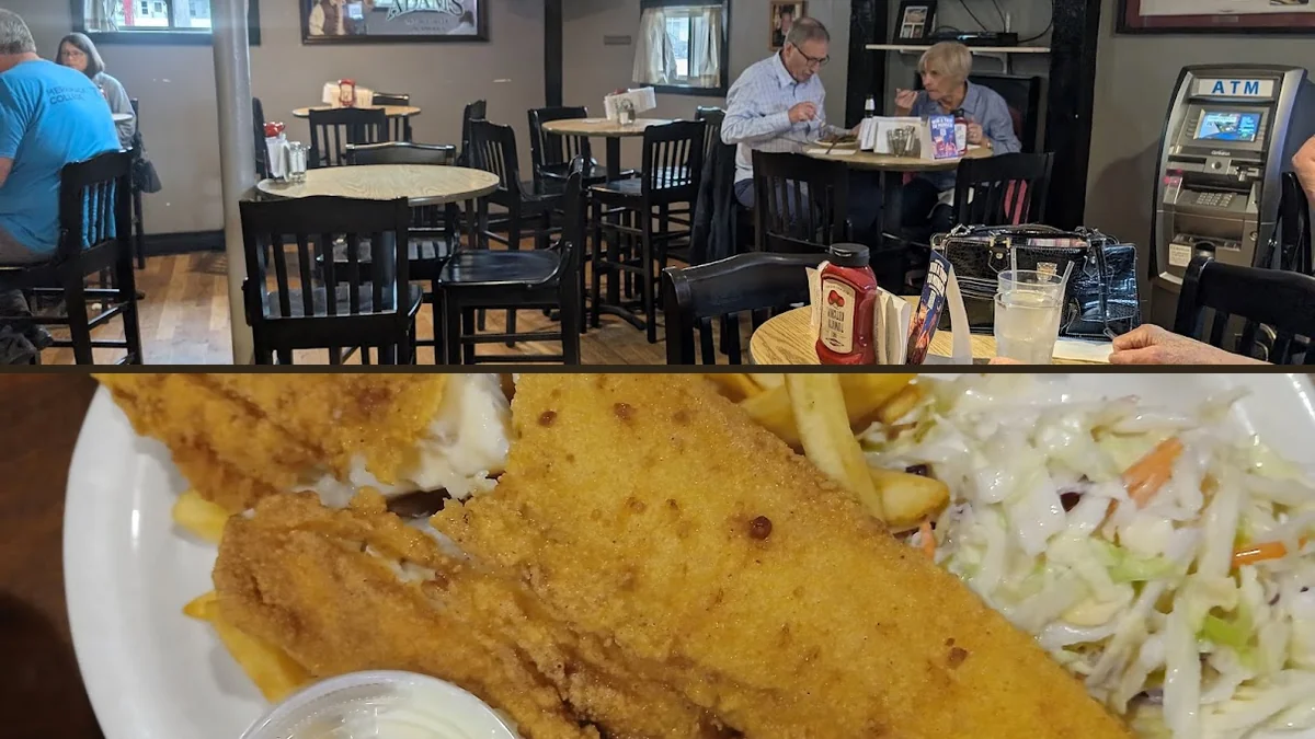 Low-key restaurant interior with beer signs.