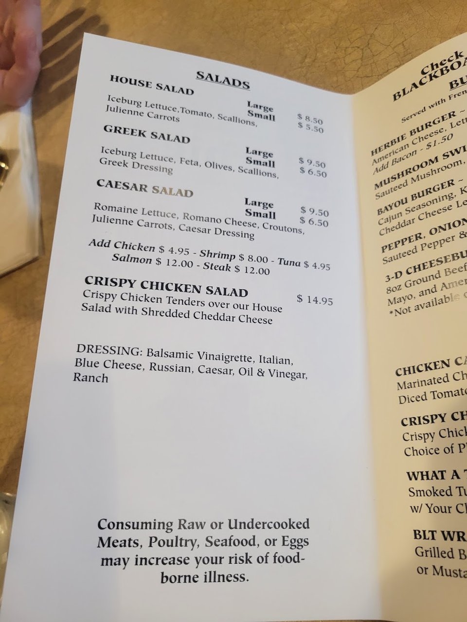 Menu page for burgers, wraps, and appetizers.